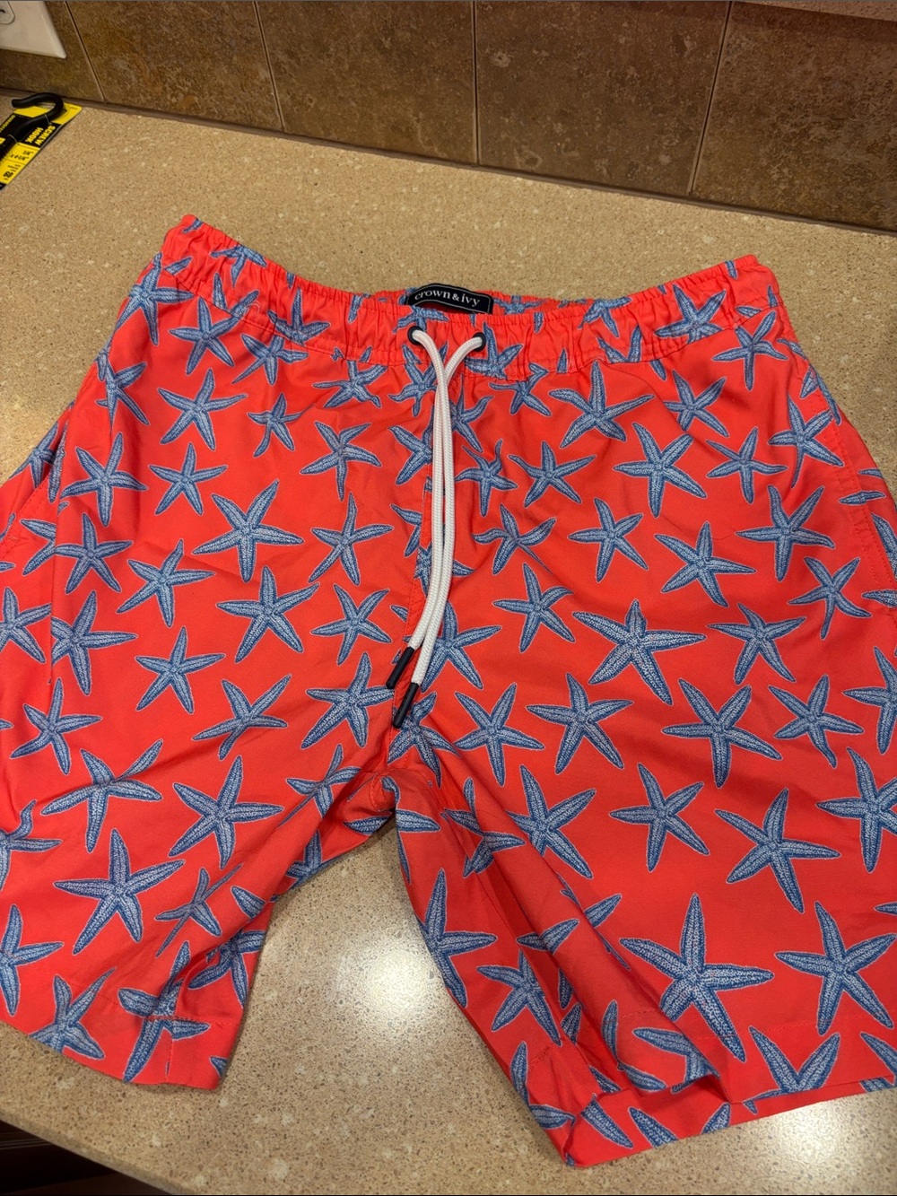 crown & ivy Coral Swim Trunks with Blue Starfish